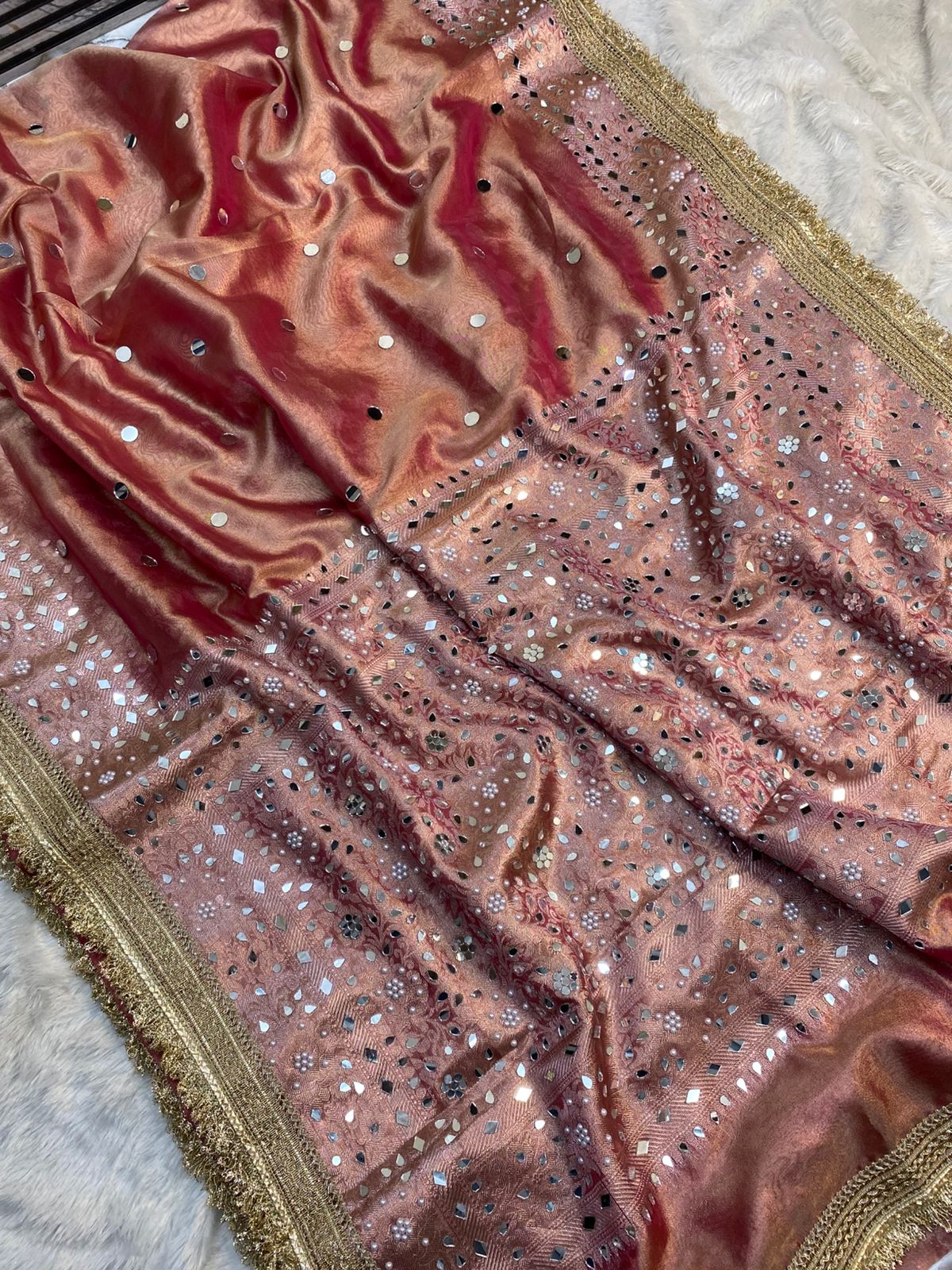 BANARASI SILK WITH MIRROR WORK AND LACE ATTACHED