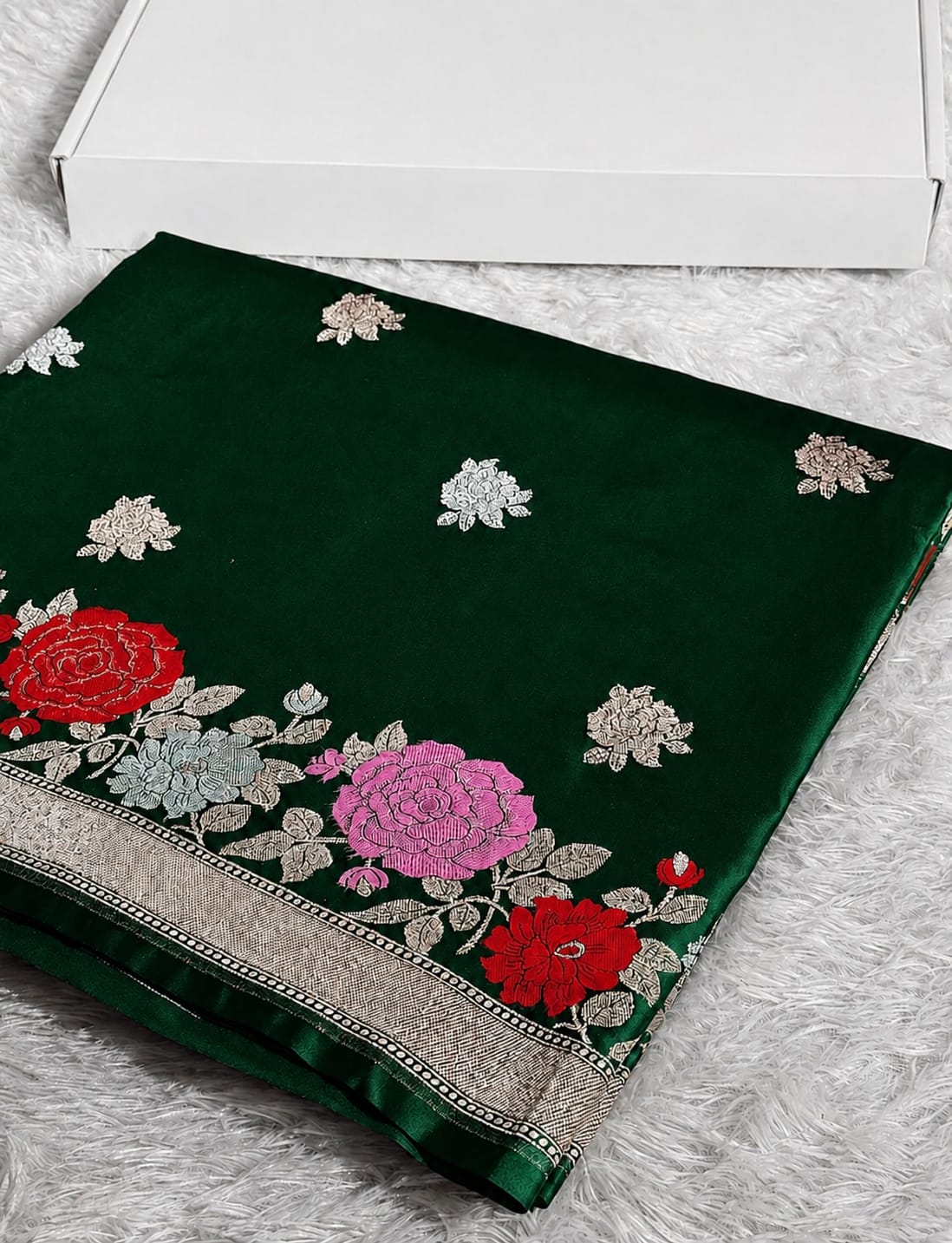 Banarasi Handloom Mashru Silk Saree (with Meenakari Floral Border)
